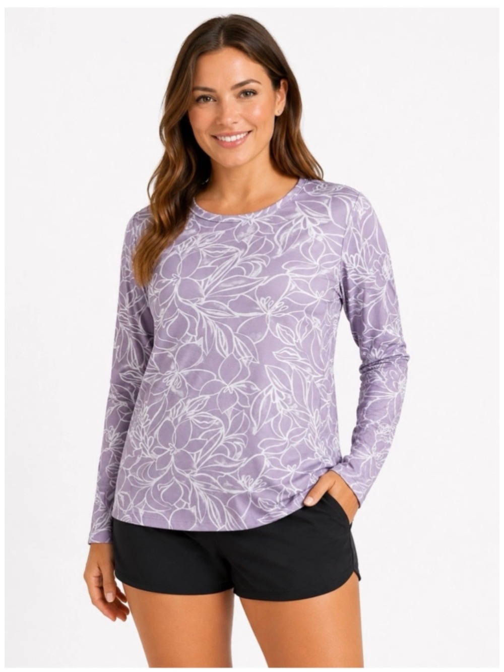 Hang Ten UPF 50+ Floral Long Sleeve Tee Purple Zip Pocket Size M